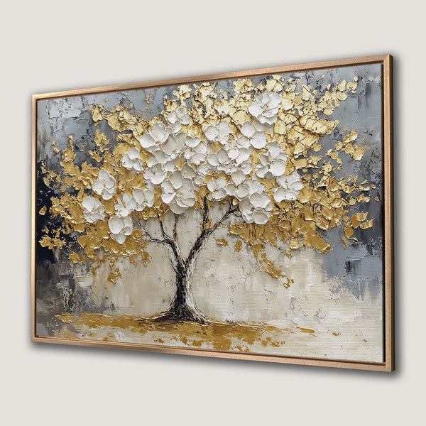 Framed Wall Art: Textured tree painting with gold, white, and gray palette. Add a touch of luxury to your space with this stunning canvas print.