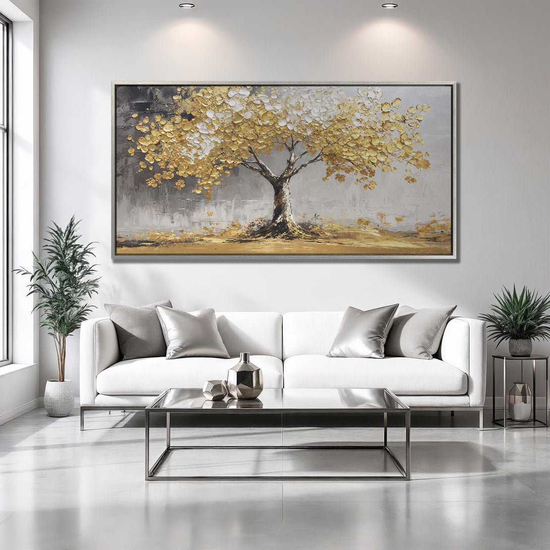 Framed Wall Art: Gold tree painting with textured brushstrokes, displayed in a modern living room with a neutral color palette.