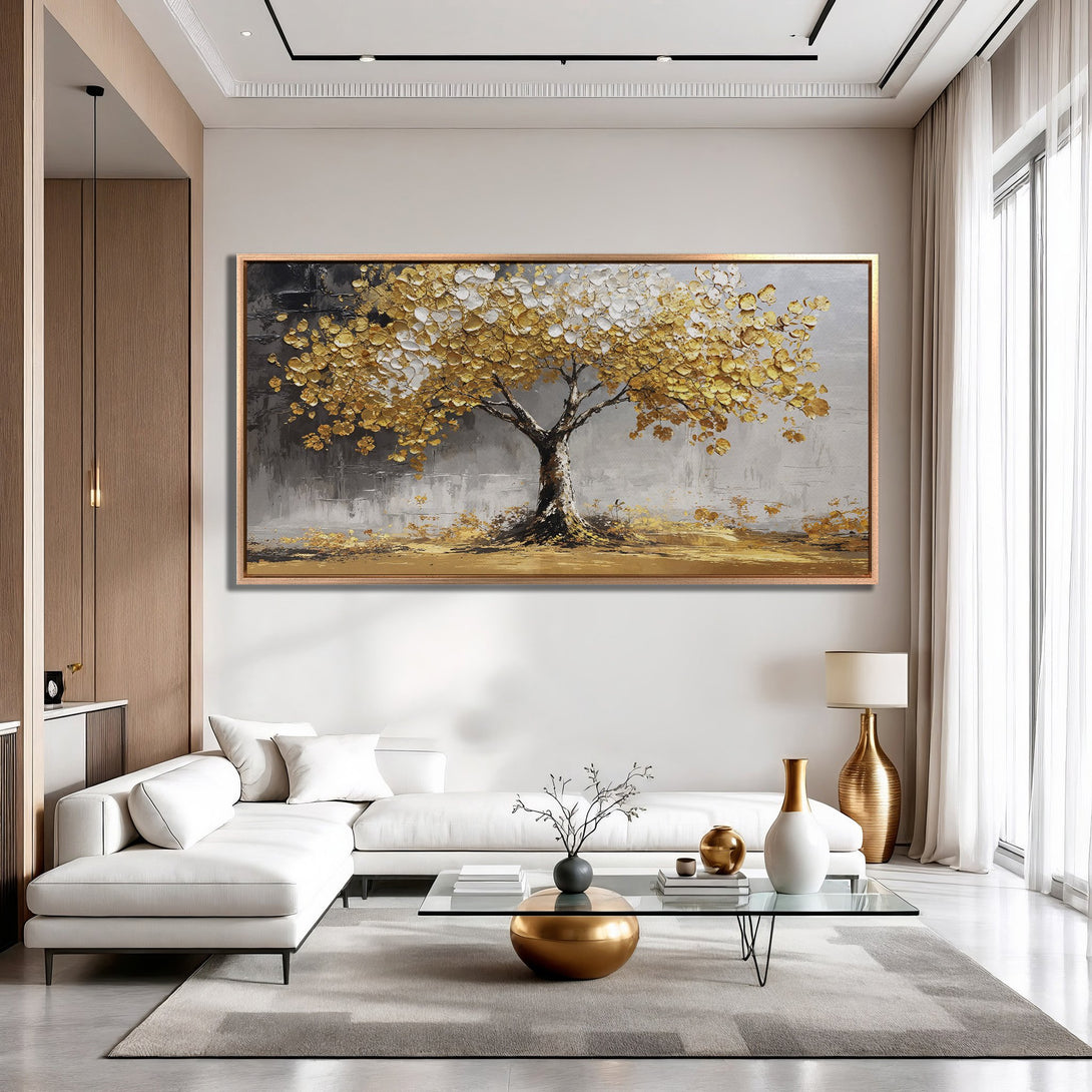 Framed Wall Art: Stunning gold leaf tree painting adds elegance to any space. Modern style with neutral & gold tones. Elevate your home decor!