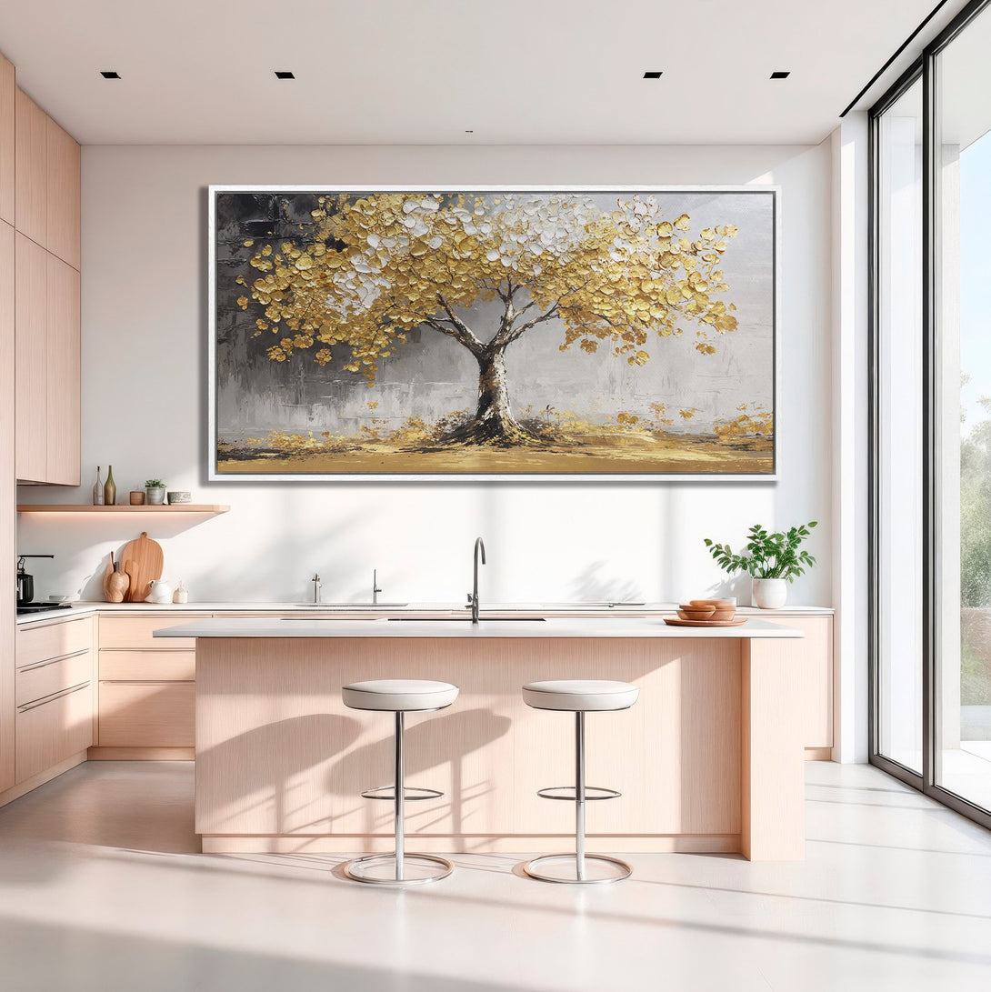Framed Wall Art: Stunning gold leaf tree painting in a modern kitchen. Adds elegance & warmth with a neutral, textured style. Elevate your space!
