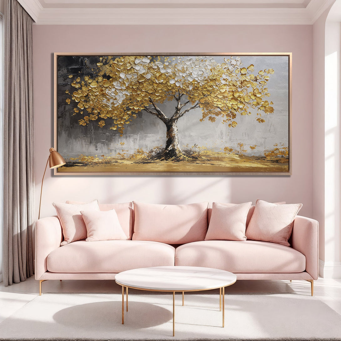 Framed Wall Art: Stunning gold leaf tree painting in a modern, elegant living room. Neutral gray and gold palette with a touch of pink. Elevate your decor!