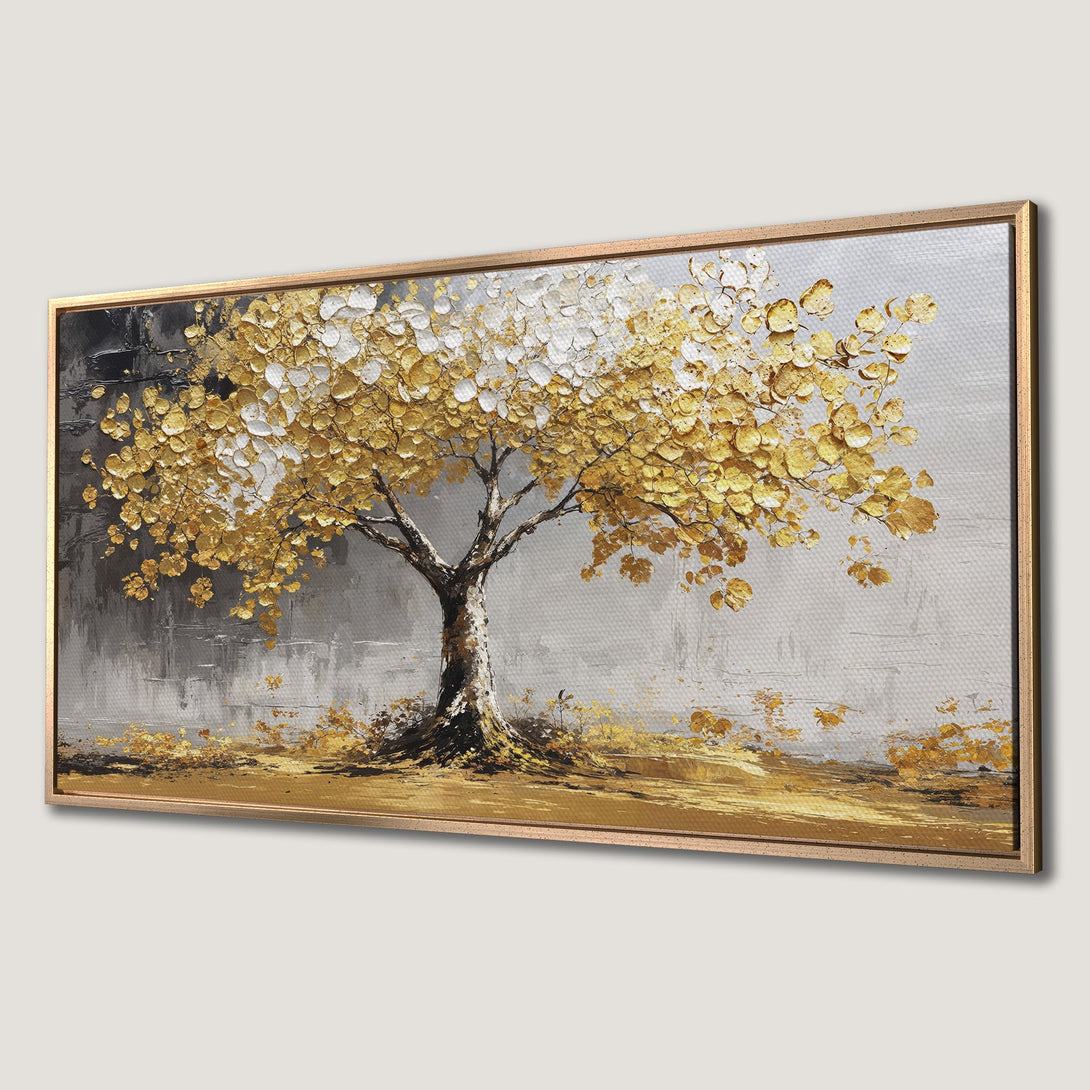 Framed Wall Art: Abstract gold tree painting with textured brushstrokes on canvas. Neutral gray & gold color palette, perfect for modern home decor.