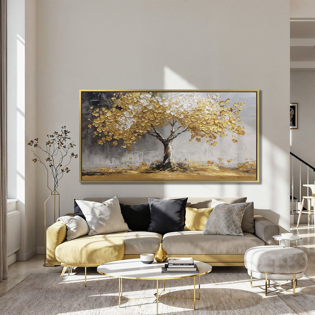 Canvas Print of a golden tree painting in a modern style. Features gold, gray, and white tones, perfect for living room decor.