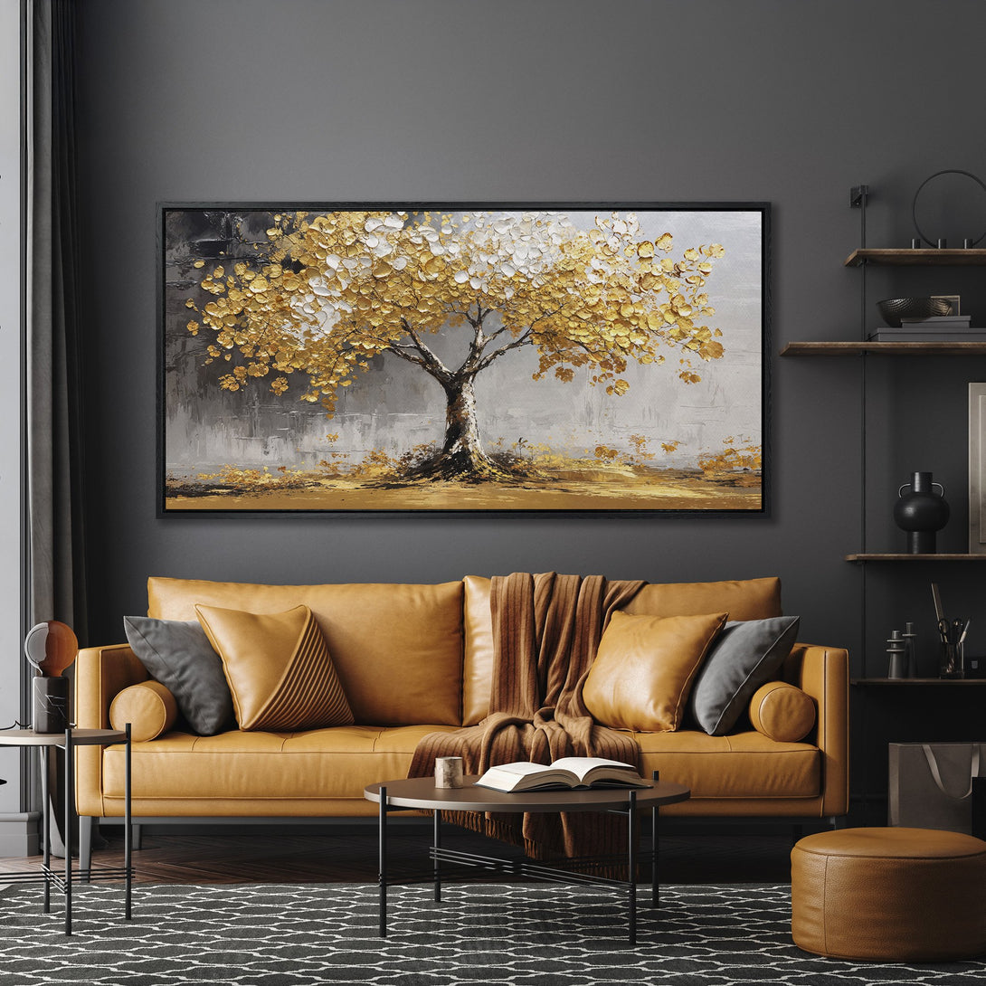 Framed Wall Art: Abstract gold tree painting on canvas, displayed in a modern living room with a warm, neutral color palette. Elevate your space!