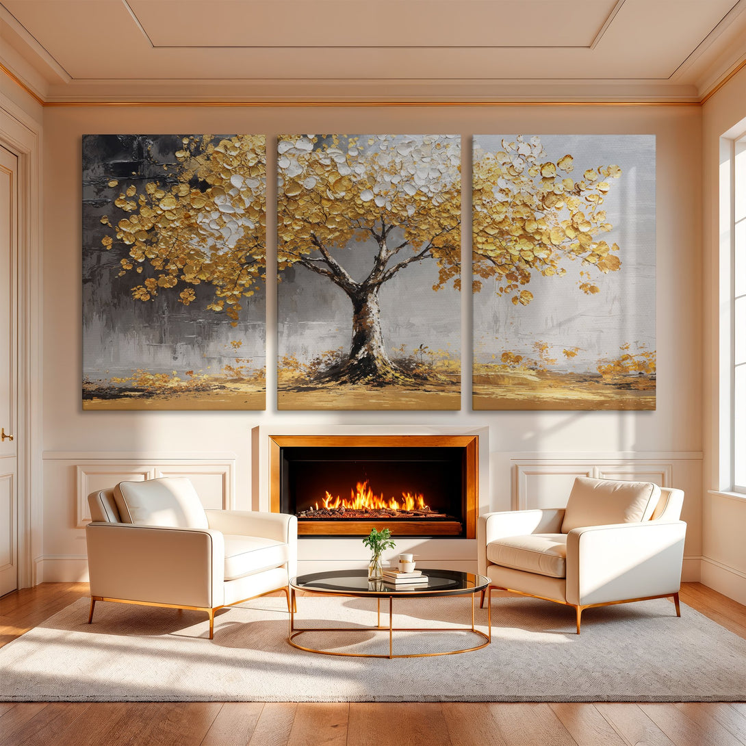Canvas Print of a golden tree painting, perfect for living room decor. Features an abstract style with a warm, neutral color palette.