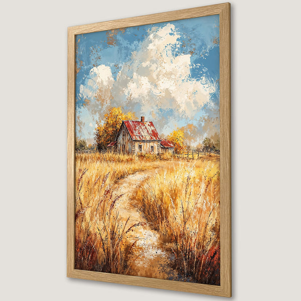 Framed Poster of a rustic farmhouse landscape painting in warm, earthy tones. Perfect wall art for a cozy, inviting space.