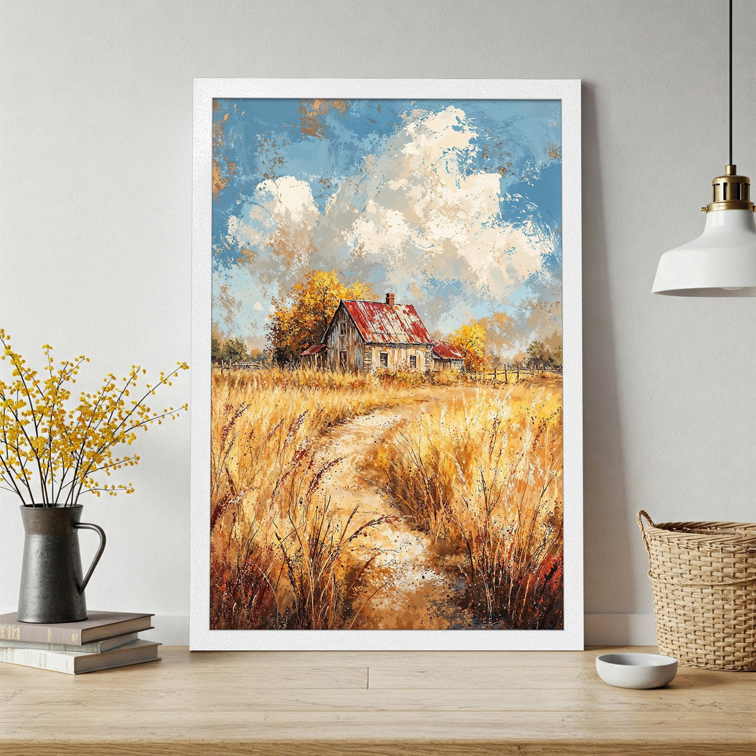 Framed Poster of a rustic farmhouse in a field, impressionistic style with warm gold, blue, and brown tones. Add a touch of nature to your home!