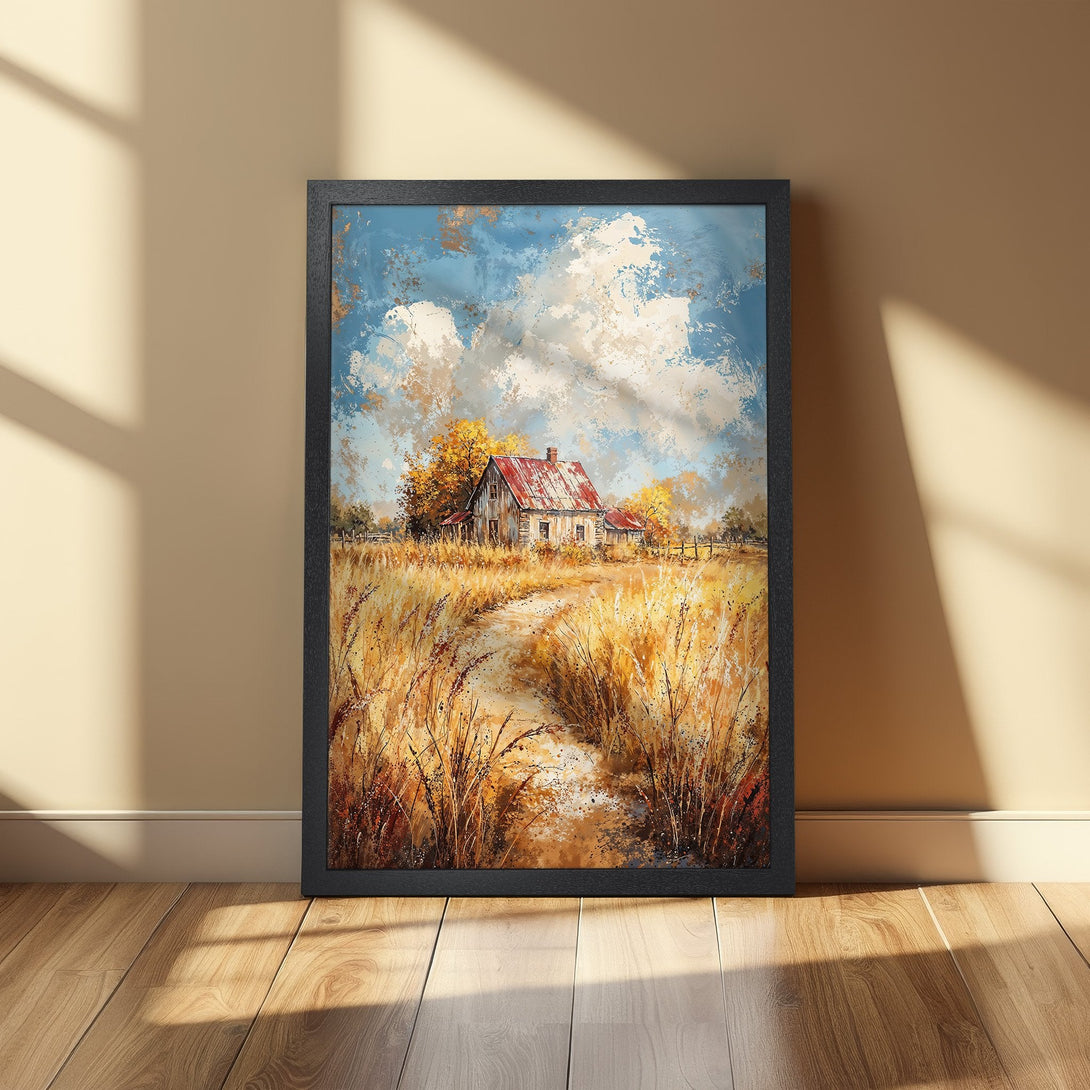 Framed Poster featuring a rustic farmhouse in a field, painted in an impressionistic style. Warm earth tones and blue sky create a cozy, inviting feel.