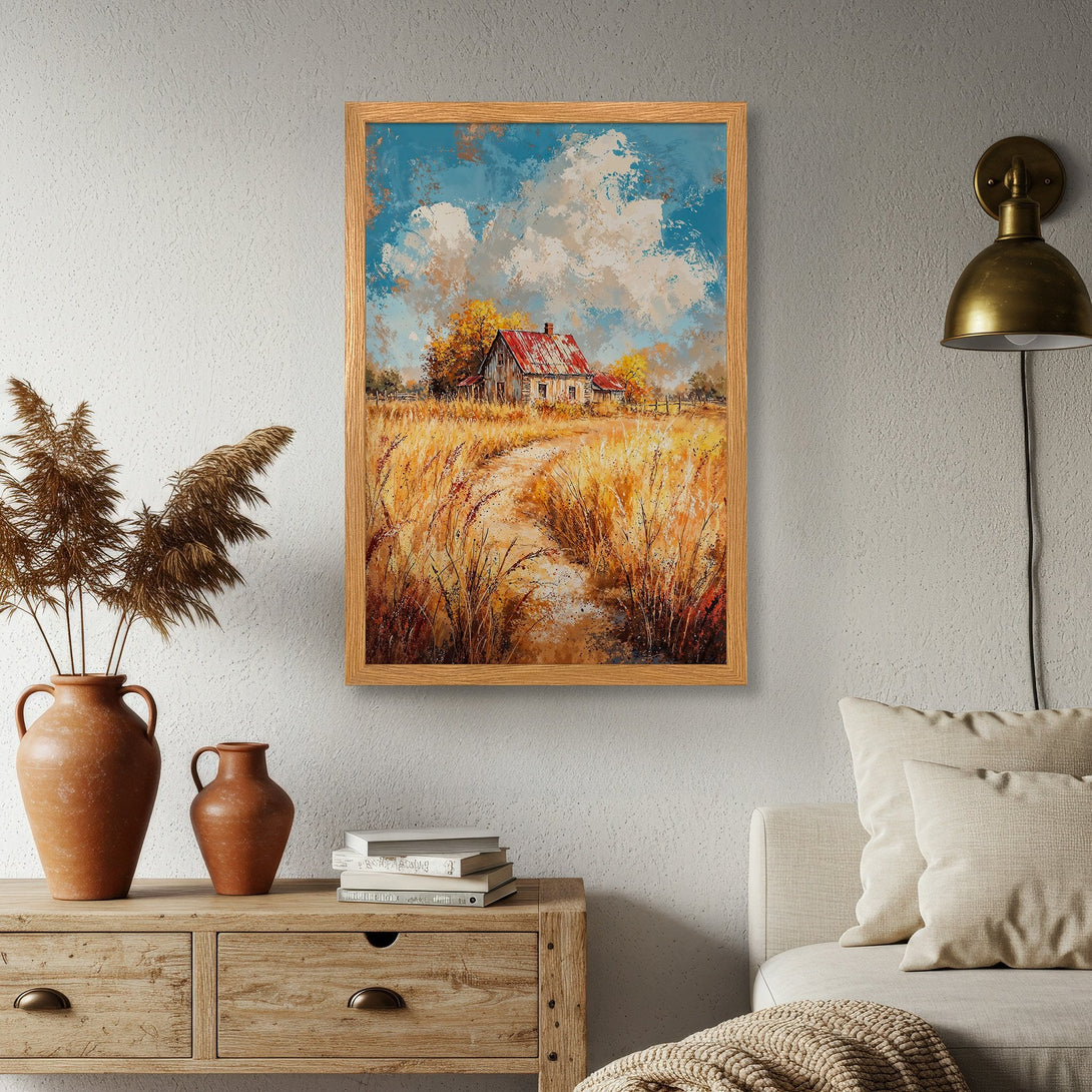 Framed Poster of a rustic farmhouse in a field, impressionist style with warm, earthy tones and blue sky. Perfect wall art!