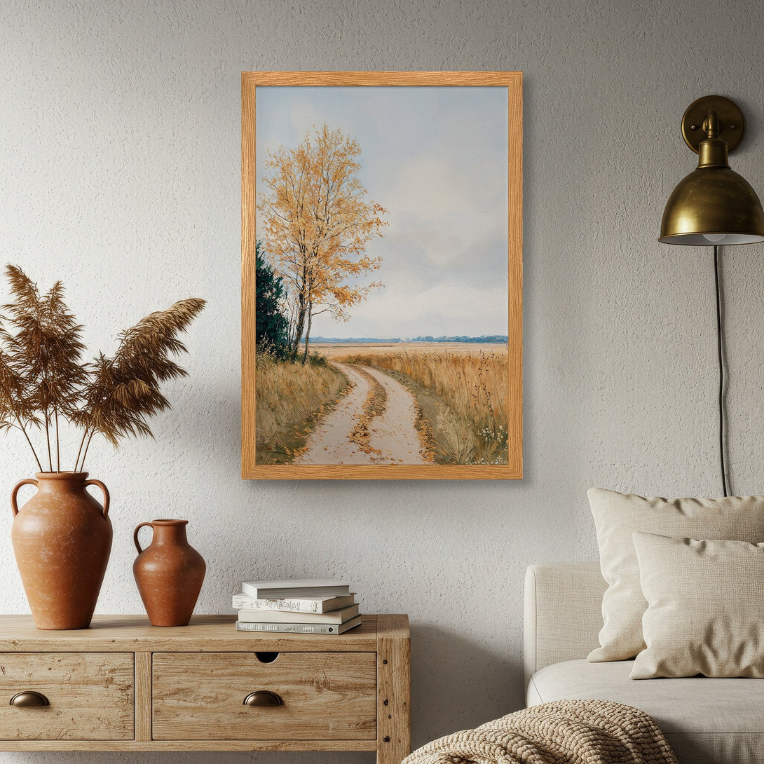Framed Poster featuring a serene landscape with a dirt road, warm autumn colors. Perfect for home decor!