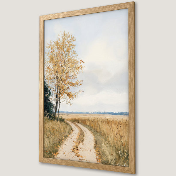 Framed Poster of a serene landscape with a dirt road, golden trees, and muted color palette. Perfect for adding a touch of nature to your space.