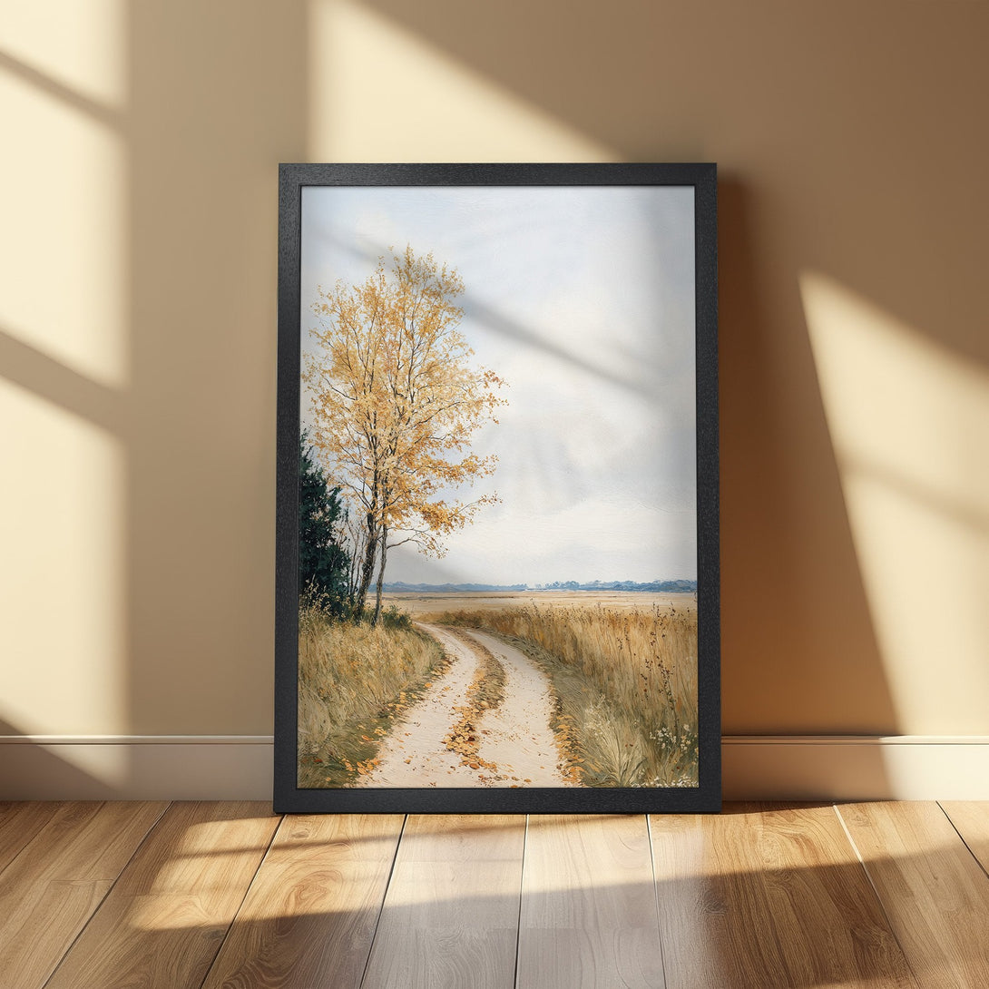 Framed Poster featuring a serene landscape with a dirt road, tree, and muted color palette. Perfect wall art for a cozy home.