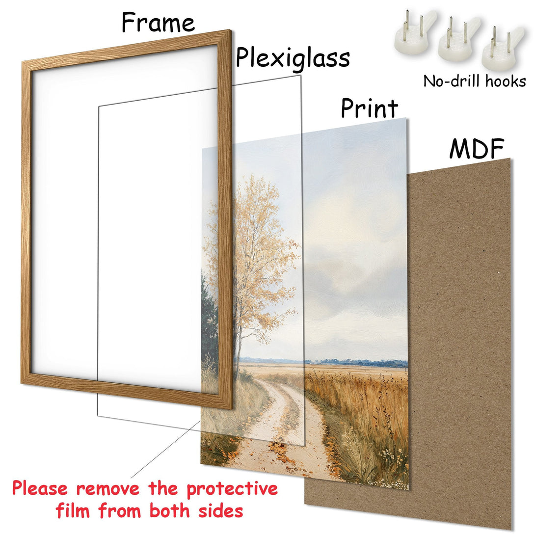 Framed Poster featuring a serene landscape painting in a warm, neutral color palette. Perfect for adding a touch of nature to your home!