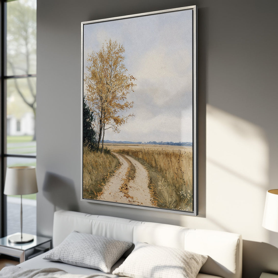 Framed Wall Art: Serene landscape Canvas Print with a dirt road, tree, and muted earth tones. Perfect for adding a touch of nature to your home decor.