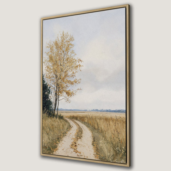 Framed Wall Art featuring a serene landscape with a dirt road, trees, and a muted neutral color palette. Perfect for adding a touch of nature to your home.
