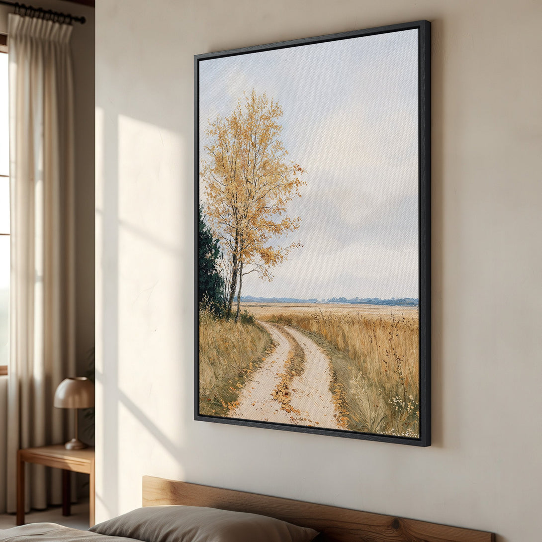 Framed Wall Art: Landscape Canvas Print featuring a tree and path in a neutral, warm color palette. Perfect for adding a touch of nature to your space.