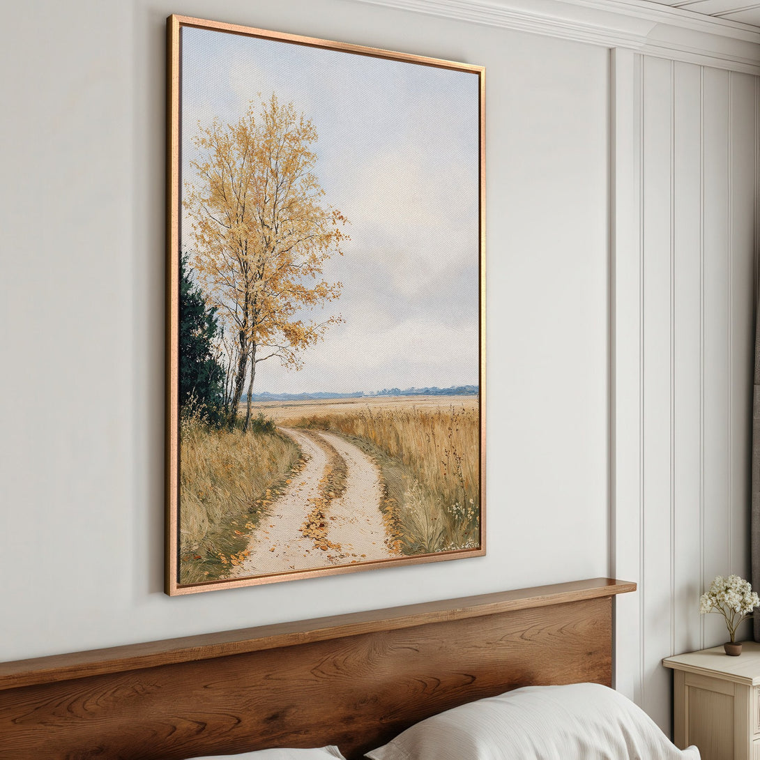 Framed Wall Art: Landscape Canvas Print featuring a serene country road scene with a warm, neutral color palette. Perfect for adding a touch of nature to your space.