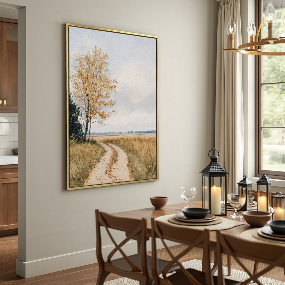 Canvas Print of a serene countryside path, featuring a tree with yellow leaves. Neutral color palette, perfect for rustic decor.