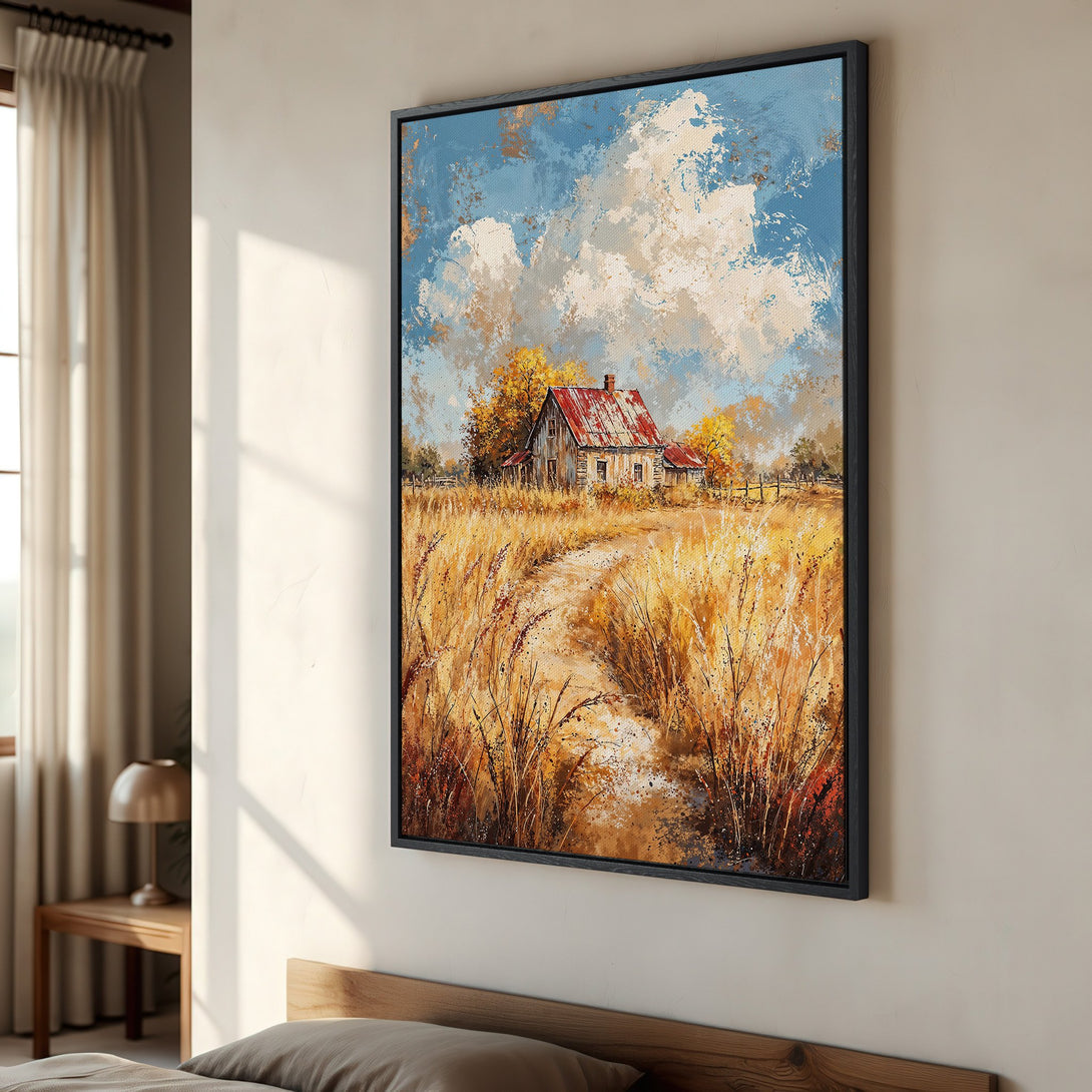 Framed Wall Art: Rustic landscape Canvas Print featuring a charming farmhouse in a field. Warm, earthy tones and a touch of blue sky create a cozy, inviting feel.