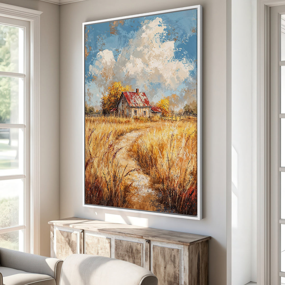 Canvas Print of a rustic farmhouse landscape painting, featuring warm yellows, blues, and earth tones. Perfect framed wall art for a cozy interior.