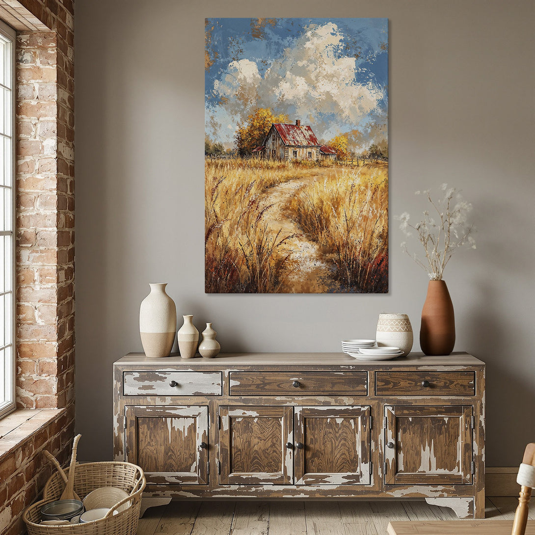 Framed Wall Art: Rustic landscape painting in warm earth tones. Perfect for adding a touch of country charm to your dining room or living space.