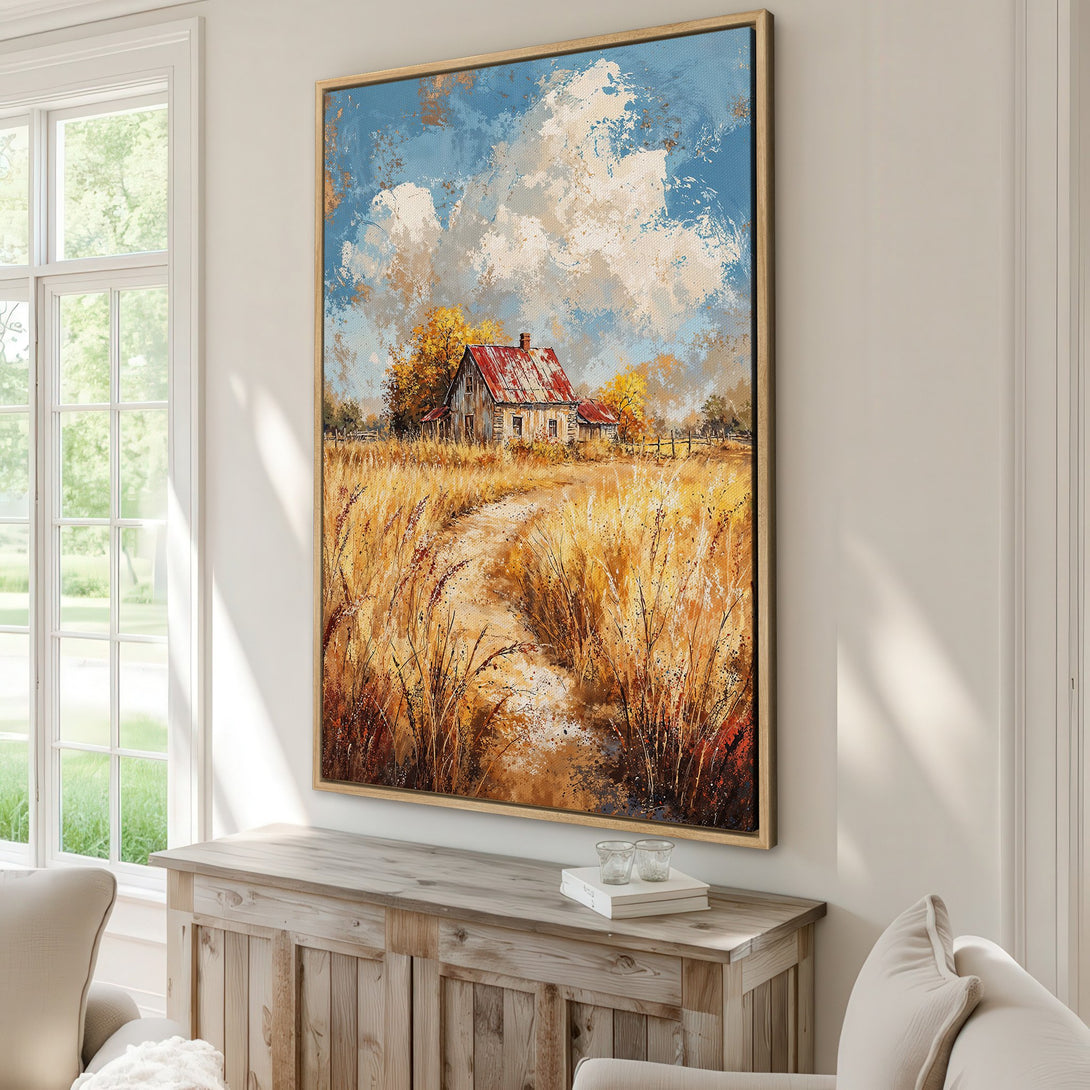 Framed Wall Art: Rustic landscape Canvas Print with a farmhouse in warm earth tones and blue sky. Perfect for adding a cozy touch to your home decor.