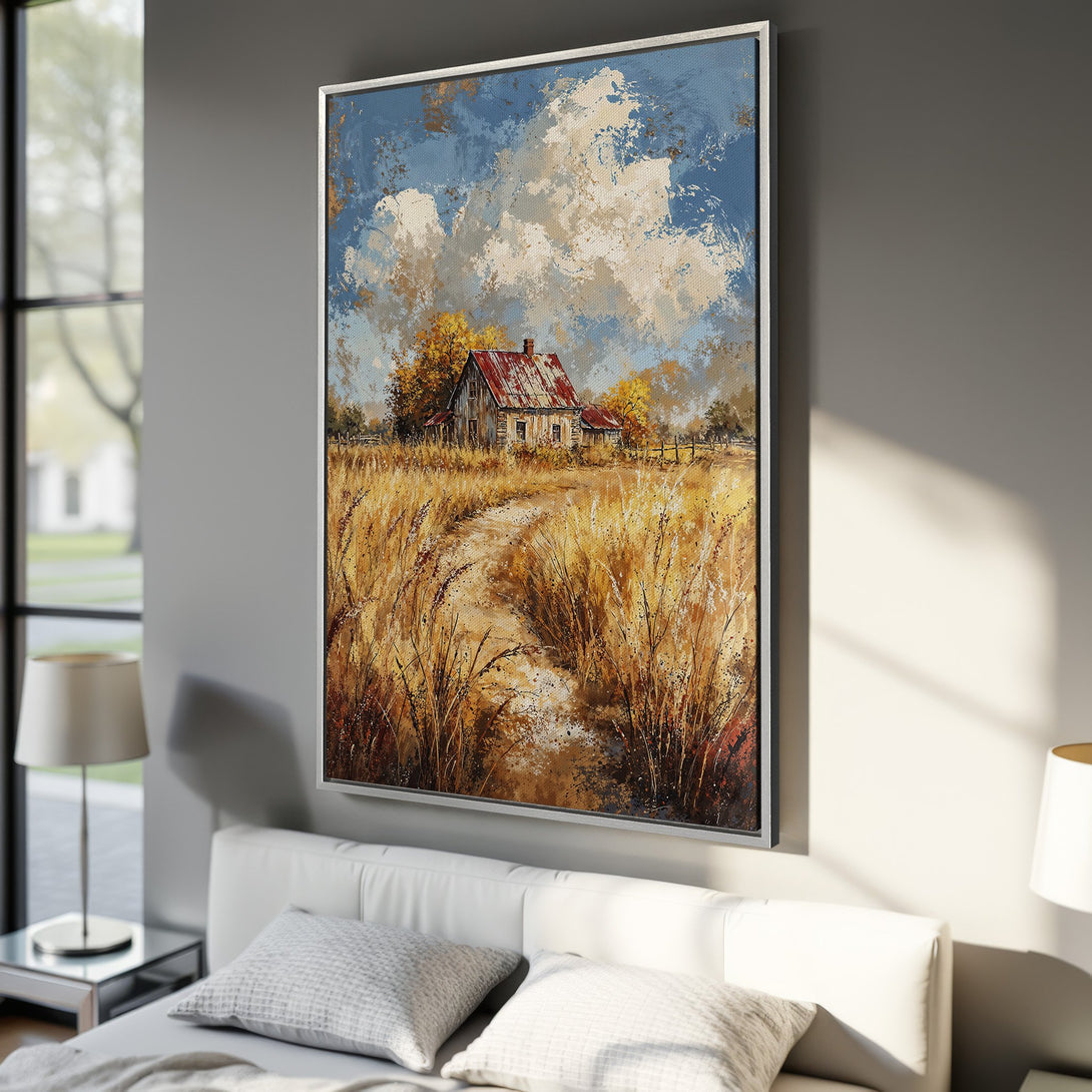 Framed Wall Art: Rustic landscape Canvas Print with a farmhouse in a field. Warm, earthy tones with blue sky and impressionistic style. Perfect for home decor.