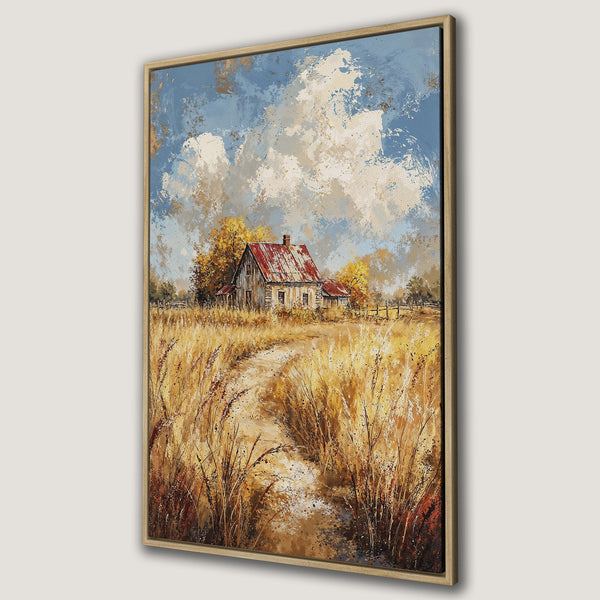 Framed Wall Art featuring a rustic farmhouse landscape in a warm, earthy palette. Impressionistic style Canvas Print adds a cozy, inviting touch to any space.