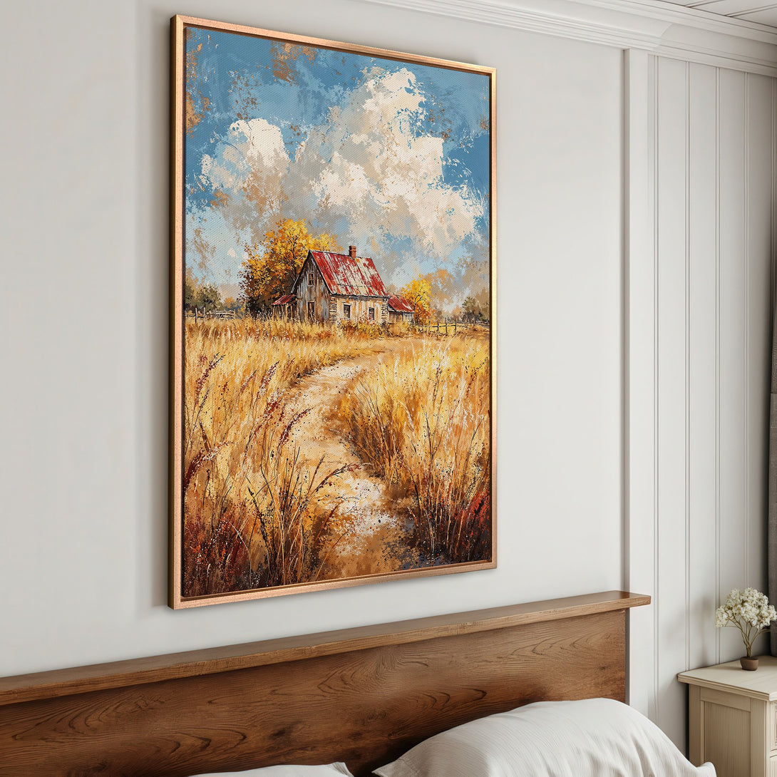 Framed Wall Art: Rustic landscape Canvas Print with a farmhouse in a field. Warm, earthy tones and a textured, impressionistic style. Perfect for cozy decor.