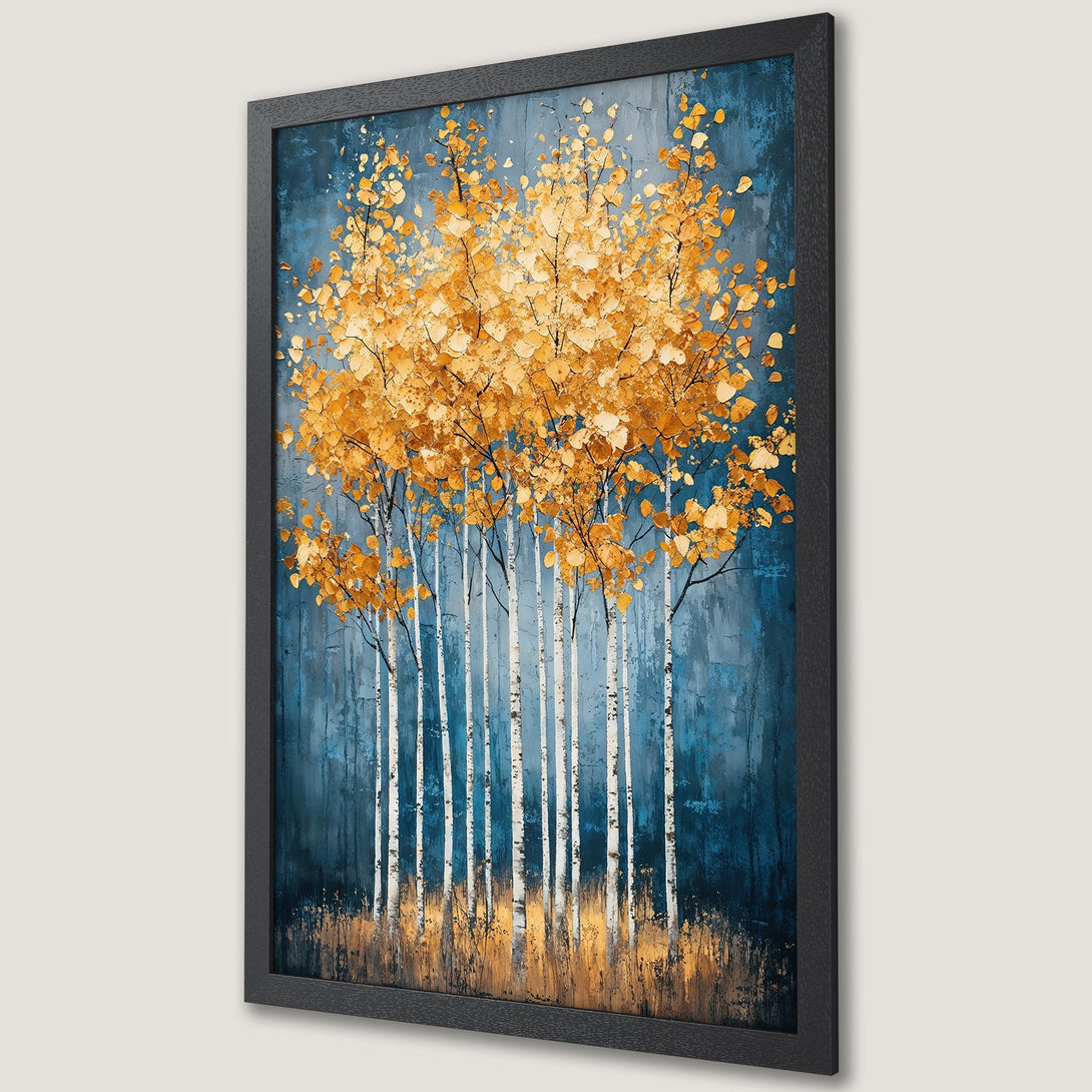 Framed Poster of autumn birch trees. Stunning art print with a blue and gold color palette, perfect for home decor.