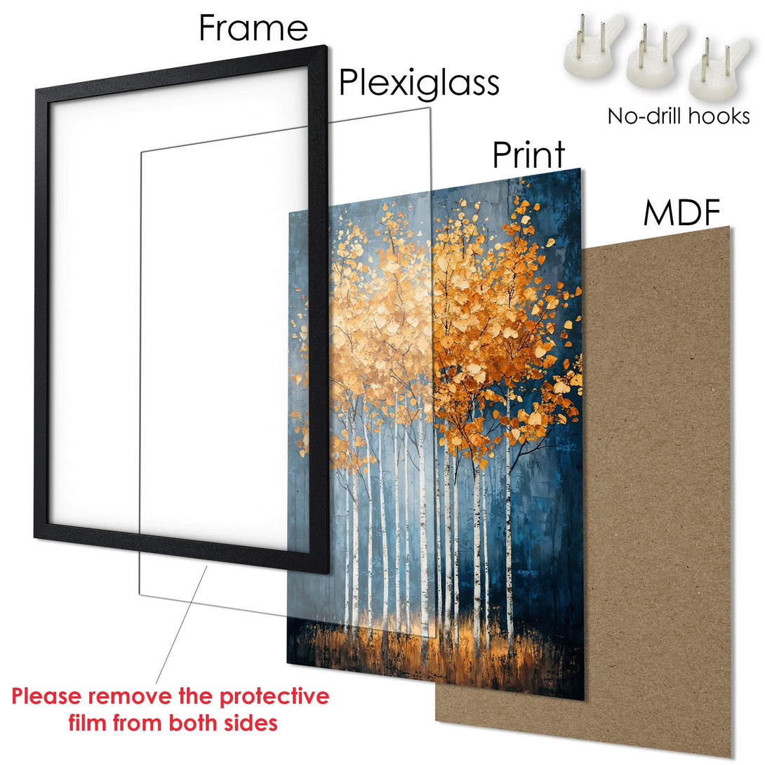 Framed Poster of autumn trees in a painterly style with a blue and gold color palette. Perfect wall art!