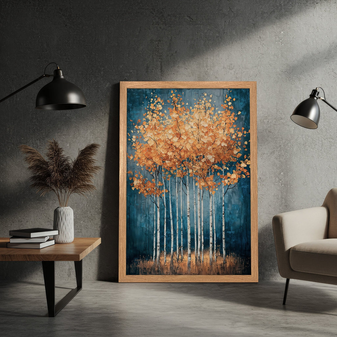 Framed Poster featuring an abstract painting of birch trees with orange leaves, set against a blue and teal background. Warm color palette.