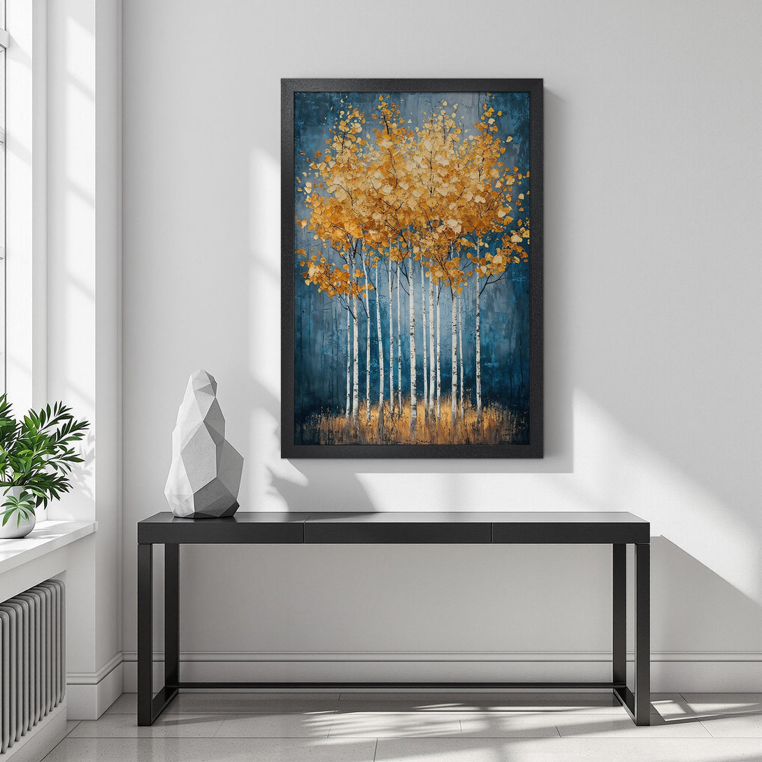 Framed Poster featuring a vibrant autumn forest scene in blue and gold. Perfect wall art for home decor!
