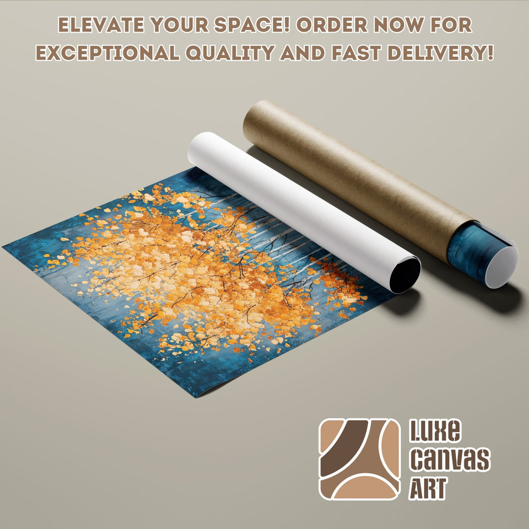 Poster Roll of an abstract tree art print, featuring blue and gold hues.
