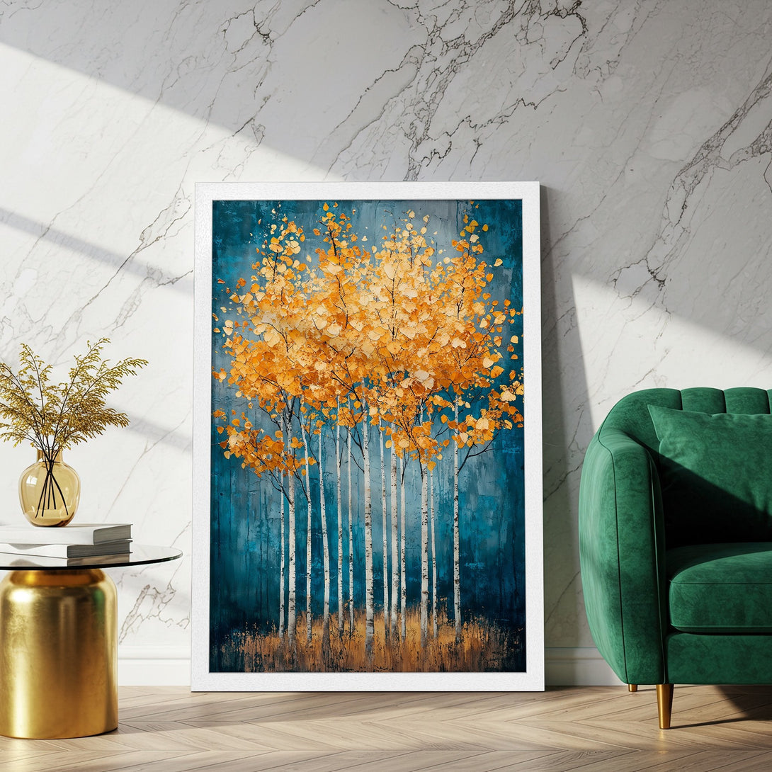 Framed Poster featuring abstract trees in a vibrant teal and gold color palette. Modern art print for home decor.