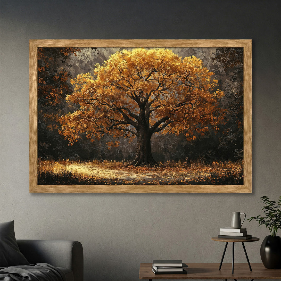 Framed Poster featuring a majestic golden tree in a painterly style, warm autumnal color palette. Perfect wall art!