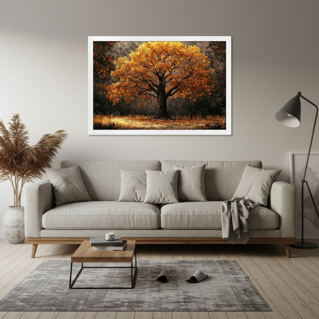 Framed Poster of a vibrant autumn tree in a warm, inviting color palette. Perfect wall art for your living room!