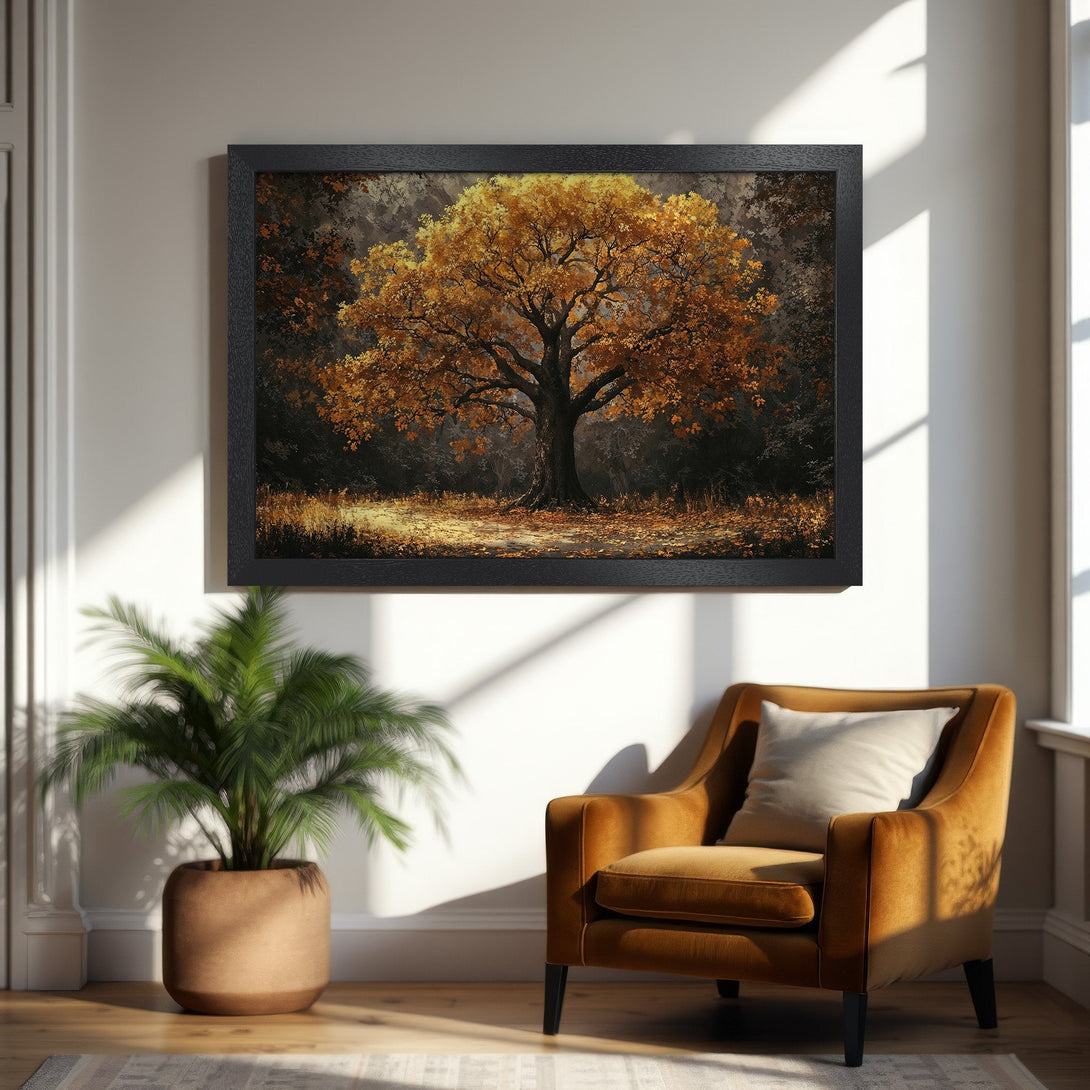 Framed Poster featuring a majestic tree in autumn colors. Warm, inviting palette with gold, brown, and black tones. Perfect wall art for any home.
