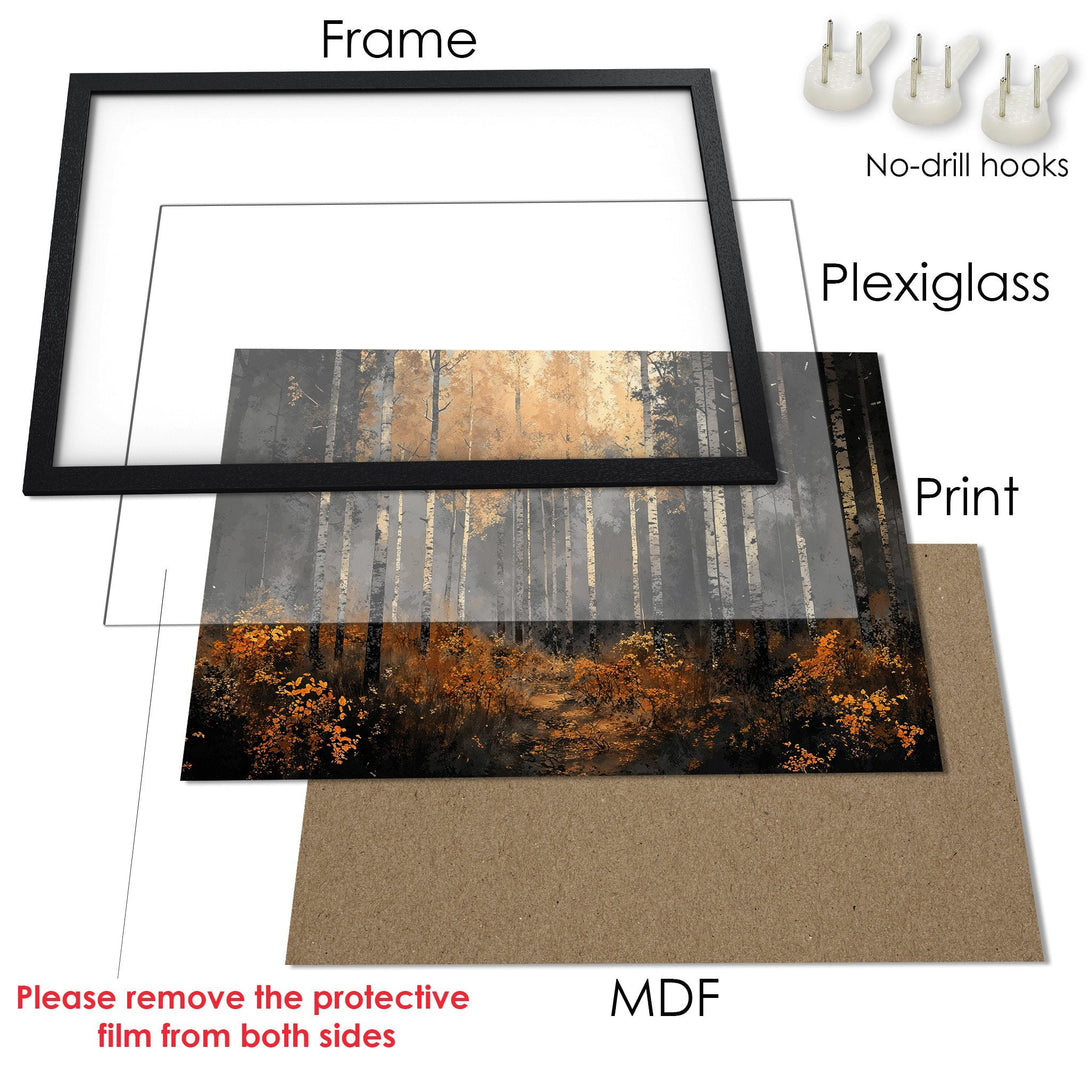 Framed Poster featuring a serene forest scene with a warm, earthy color palette. Perfect wall art for a cozy home!
