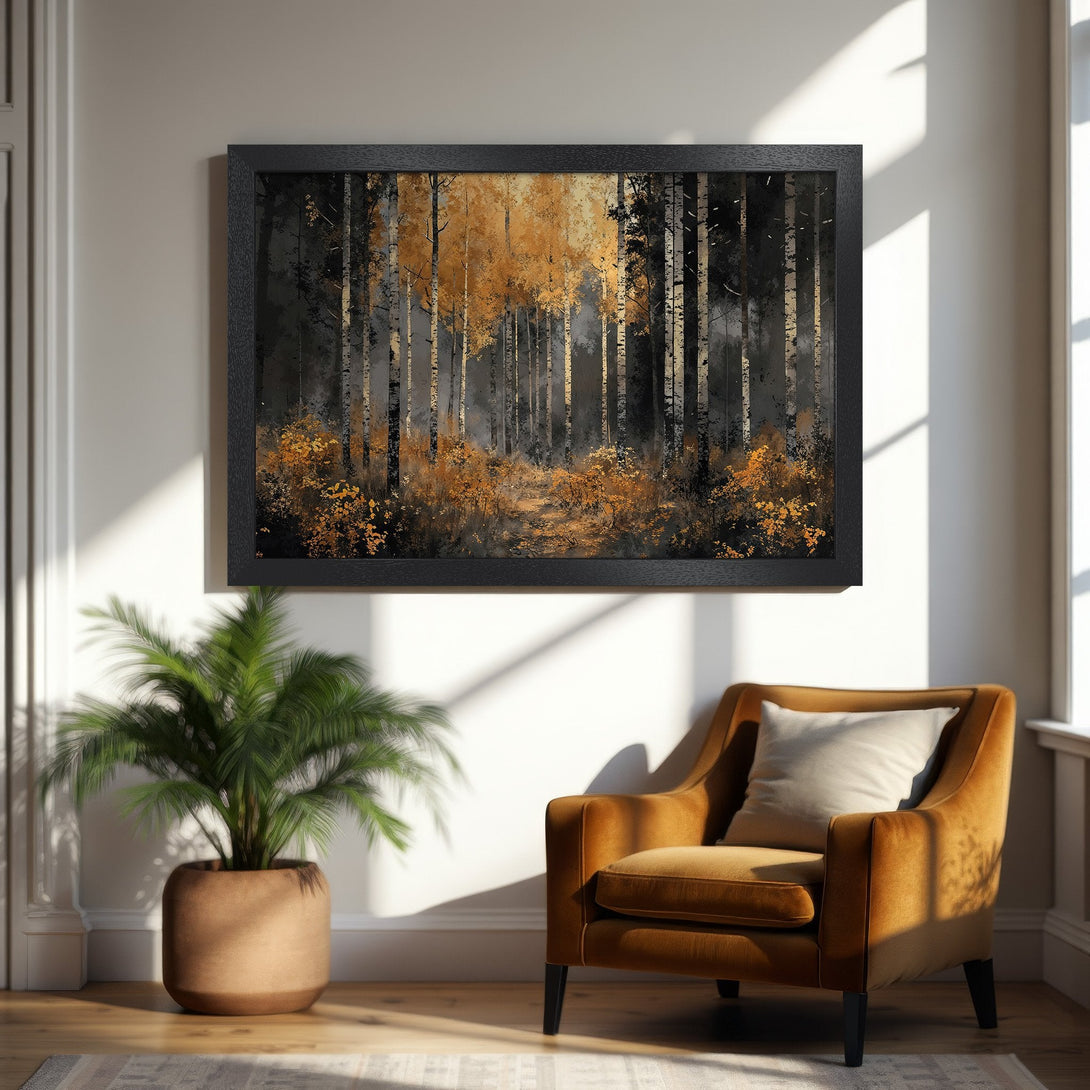 Framed Poster featuring a forest scene in a painterly style with gold and black tones. Perfect wall art for your home!