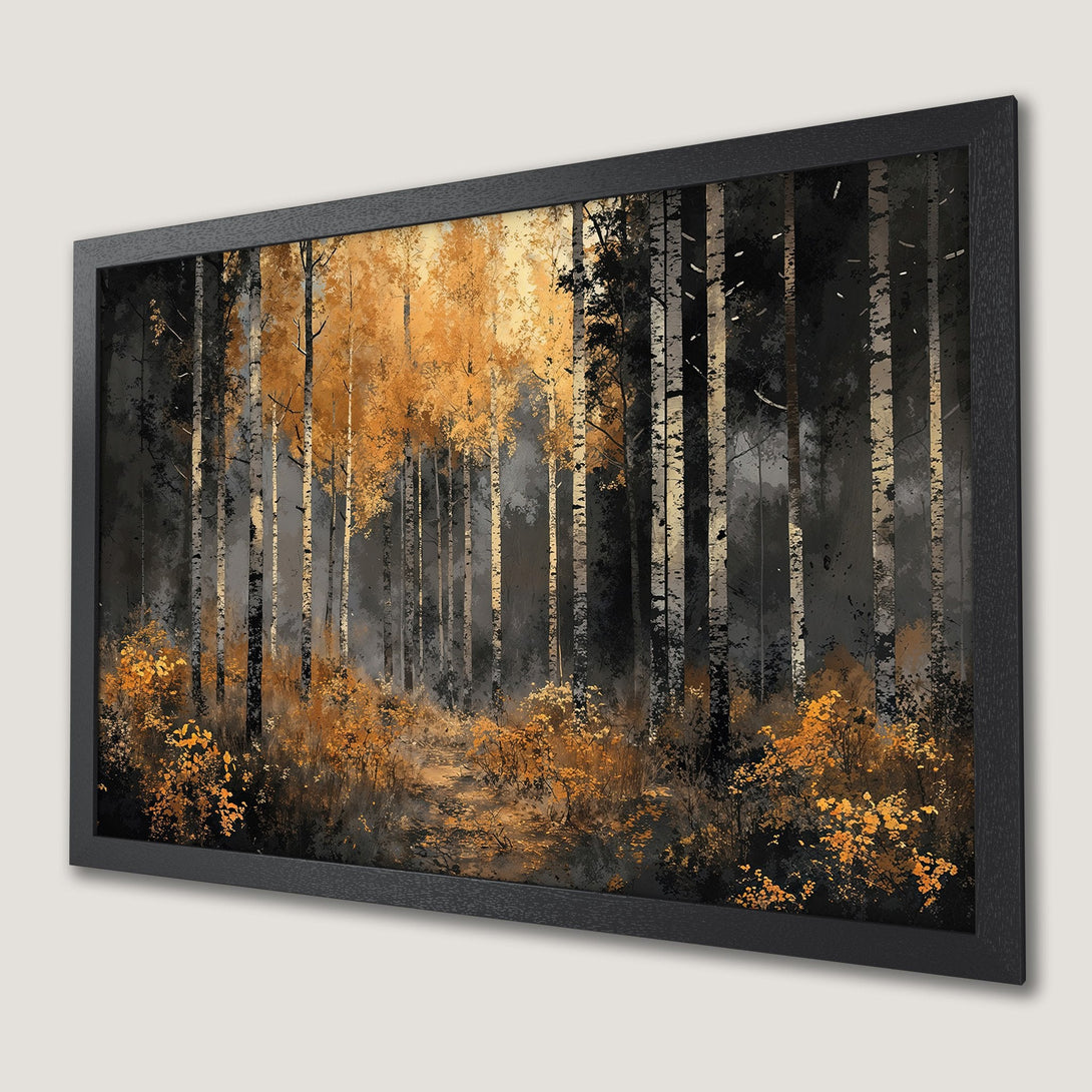 Framed Poster of a forest scene with a warm, golden color palette. Artistic style perfect for home decor.
