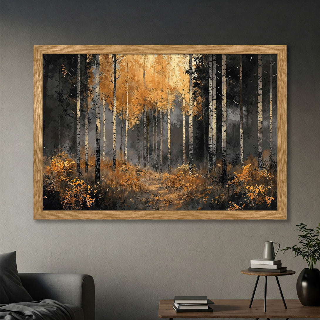 Framed Poster featuring a forest scene in a painterly style with a warm, muted color palette of gold, black, and gray, perfect for home decor.