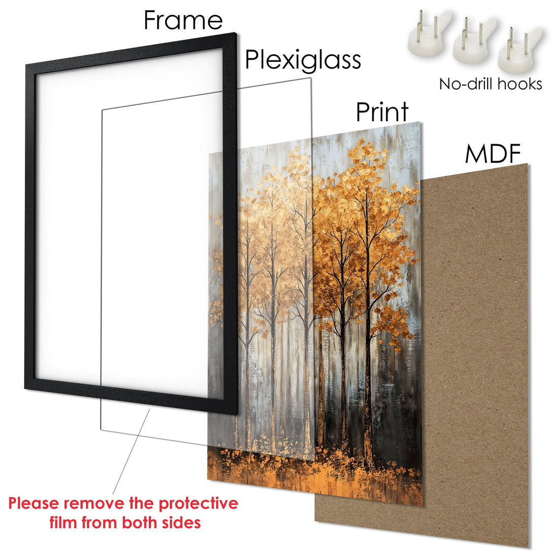 Framed Poster featuring an abstract forest in warm gold and gray tones. Perfect wall art for any room!