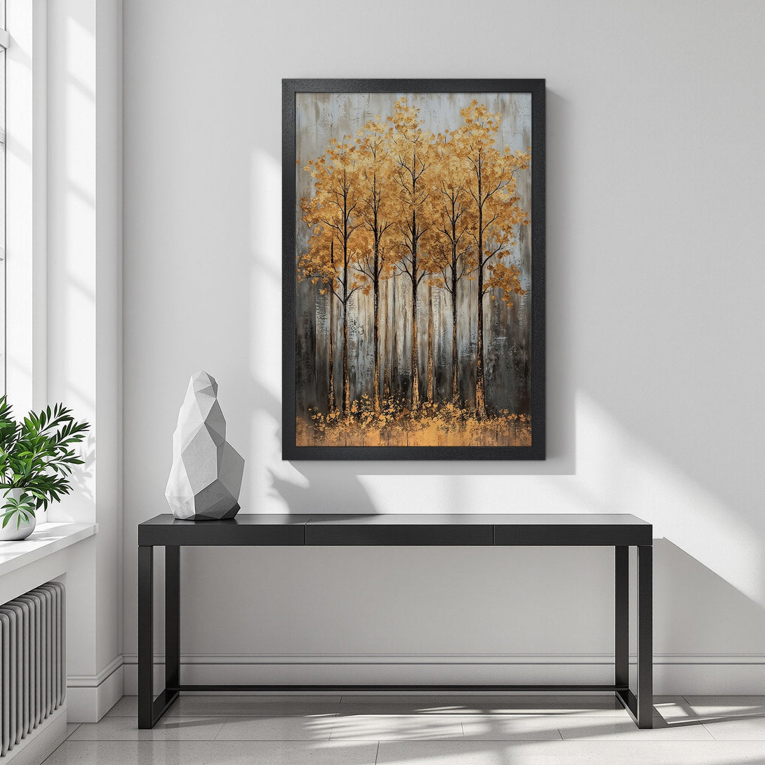 Framed Poster featuring golden trees in a modern style, with a neutral gray and gold color palette. Enhance your home decor today!