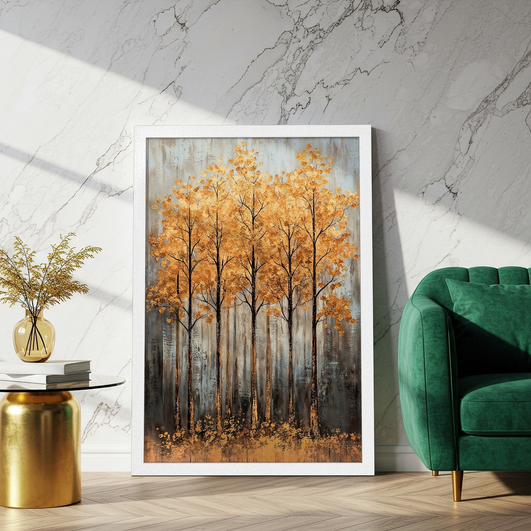 Framed Poster featuring golden trees in a modern style. Earthy color palette with gold, brown, and gray tones for elegant wall art.