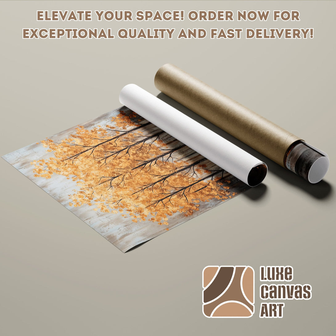 Abstract art poster roll featuring autumn trees in gold and gray. Elevate your space with this stunning poster!