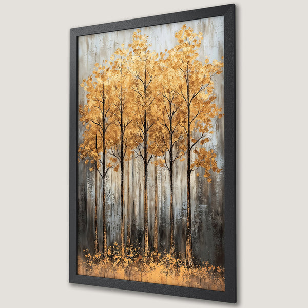 Framed Poster featuring golden trees in an abstract style with a muted gray and gold color palette. Perfect wall art for any room!