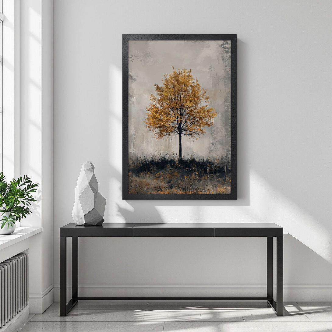 Framed Poster featuring an abstract tree art print. Earthy tones of gold, black, and beige create a calming aesthetic for modern decor.