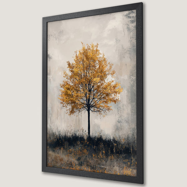 Framed Poster featuring a golden tree in an abstract style with a neutral color palette, perfect for home decor.