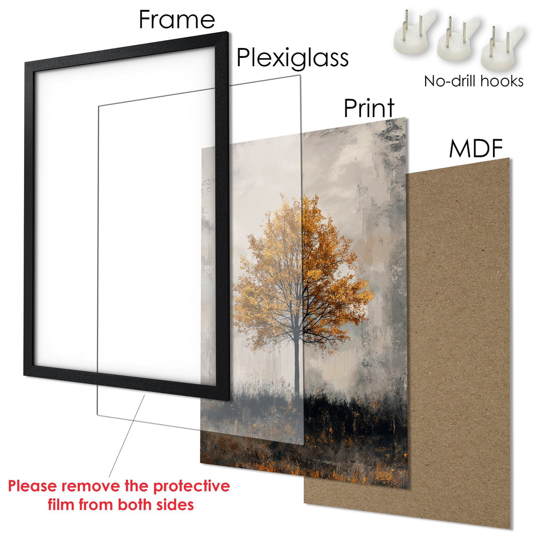 Framed Poster featuring an abstract tree in a neutral color palette. Modern art print for home decor.